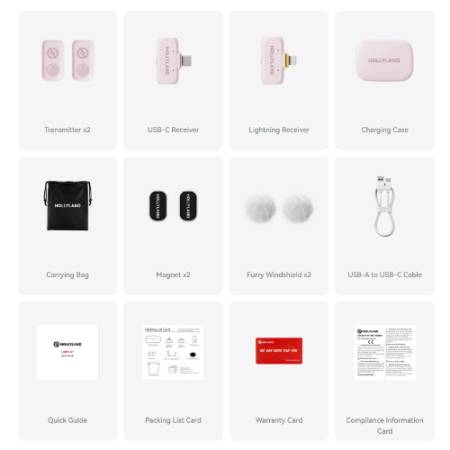 Hollyland LARK A1 Combo (Cloud Pink, USB-C + Lightning) - zestaw mikrofonów bezprzewodowych z etui - zawartość zestawu
